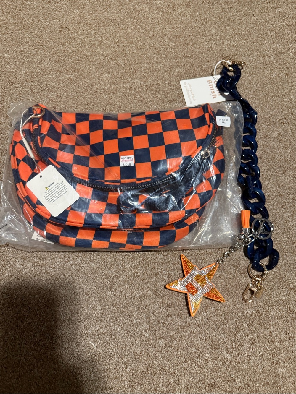 Checkerboard Orange & Navy Crossbody Bag with Houston Star Charm